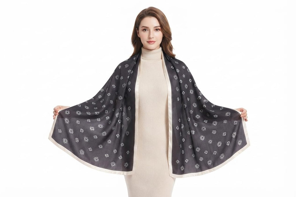 Fatimiyah Enterprises Luxury Printed Silk Scarf for Women – Soft Floral Silk Stole, Lightweight Fashion Shawl Wrap for Wedding, Party & Casual Wear (Black & Cream)