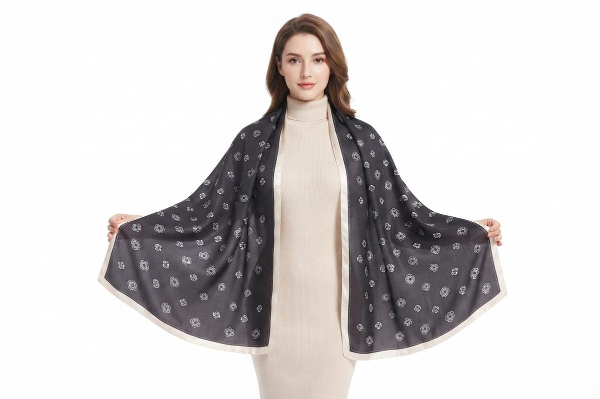 Fatimiyah Enterprises Luxury Printed Silk Scarf for Women – Soft Floral Silk Stole, Lightweight Fashion Shawl Wrap for Wedding, Party & Casual Wear (Black & Cream)