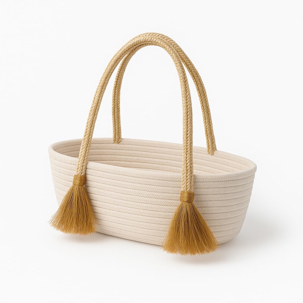 AN Enterprises Woven Rope Tote Basket Bag with Tassel Handles – Large Cotton Rope Storage Basket for Home, Beach, Market, Nursery – Decorative Handbag for Women (Golden Handle)