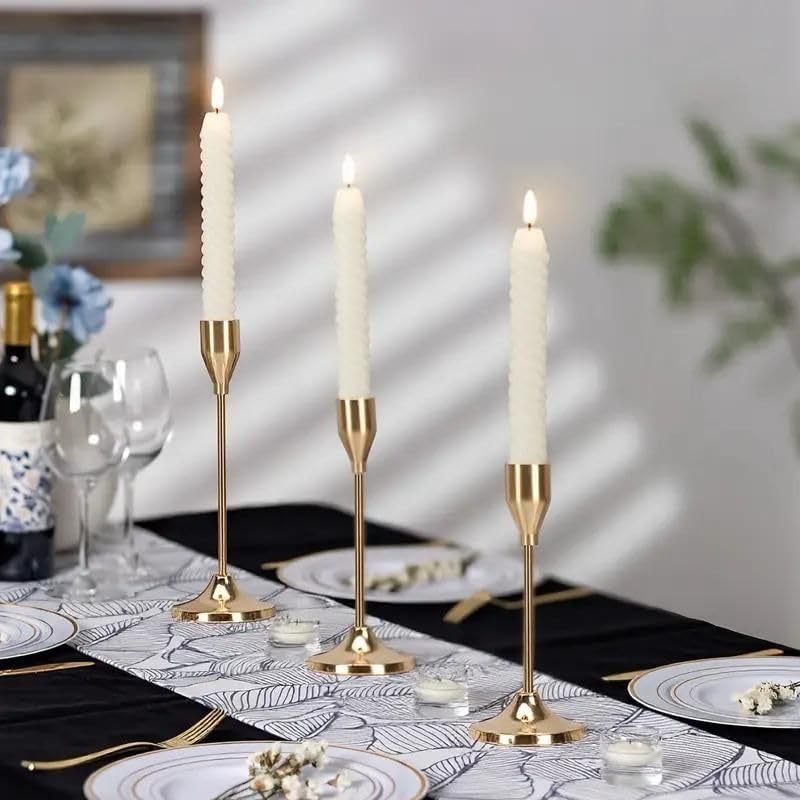 SHIMATI Modern Metal Candle Holder Set of 3, Elegant Gold Taper & Pillar Candle Stand for Table Centerpiece, Festive Home Decor & Wedding(Golden)