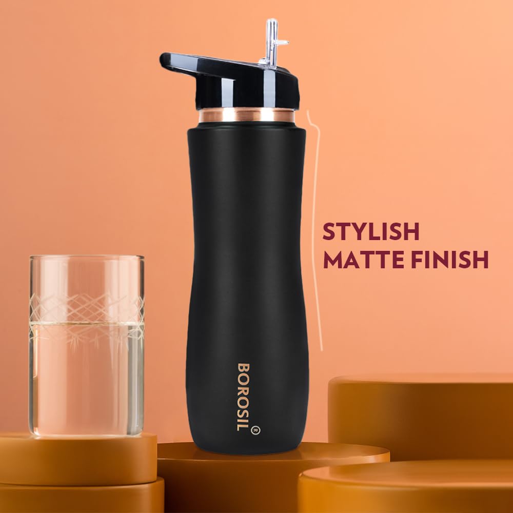 Borosil Black Colour Copper Sipper Bottle 750 ml, 100% Pure Copper, BPA Free & Leakproof with Anti-Oxidant Properties of Copper, For Home, School & Office