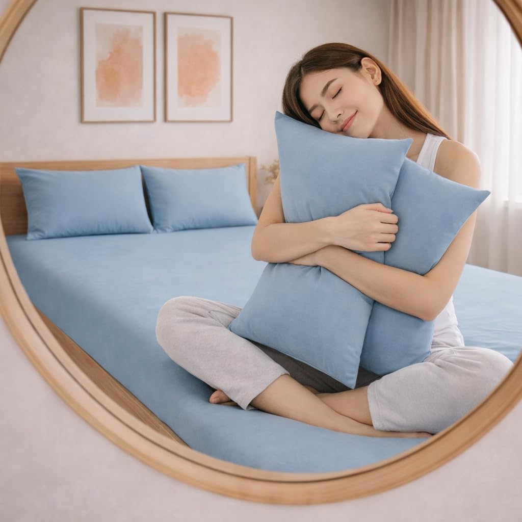 THE HOME STYLE Solid Cotton Feel Pillow Covers (18 x 28 inches, Set of 2 Pcs) | 300 TC | Super Soft & Smooth (Denim)