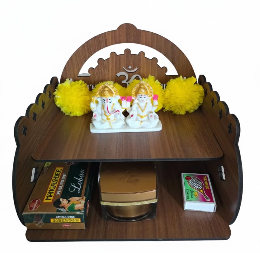 Bindian Wooden Wall Hanging Temple (Pooja Mandir) | Two-Tier Altar with Engraved 'Om' and 'Shubh Labh' | Decorative Brass Bells | Dark Brown Finish | Ideal for Home, Office, and Diwali Gifting
