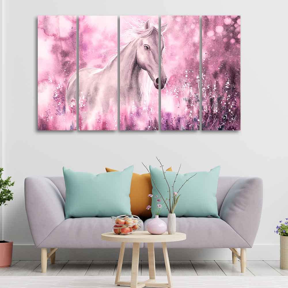 VIBECRAFTS Beautiful White Horse 5 Pieces Canvas Wall Painting For Home | Office | Living Room | Gift (PTVC5Pcs4_8544)