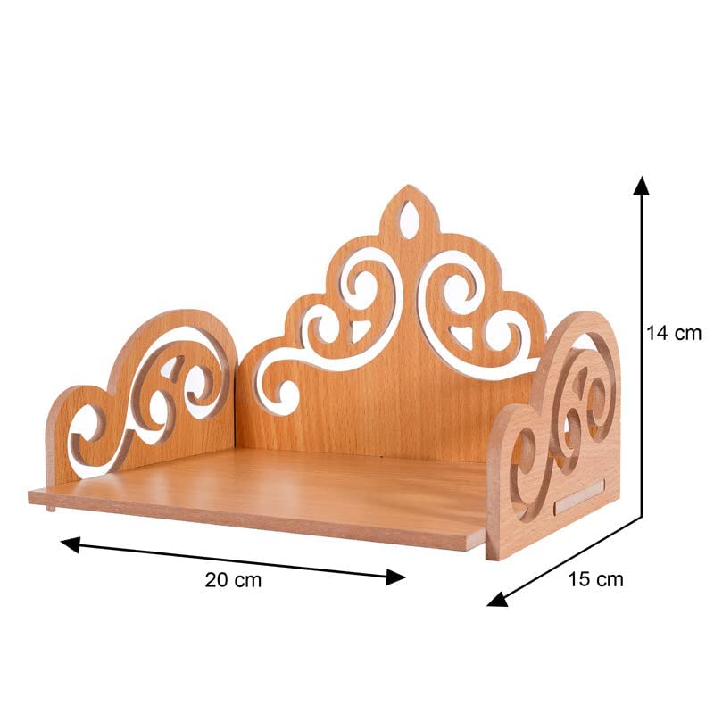 Wooden Mini Temple for Home, Wall Mounted Pooja Mandir Shelf, 20 x 15 x 14 cm, Wooden Colour