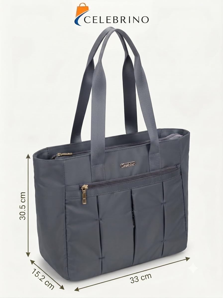 CELEBRINO Spacious Tote Handbag for Women | Nylon Hand Bags with Multiple Zip Compartments | Waterproof Large Shoulder Bag for Office, College, Travel & Shopping | Multi Pocket Zipper Handbags