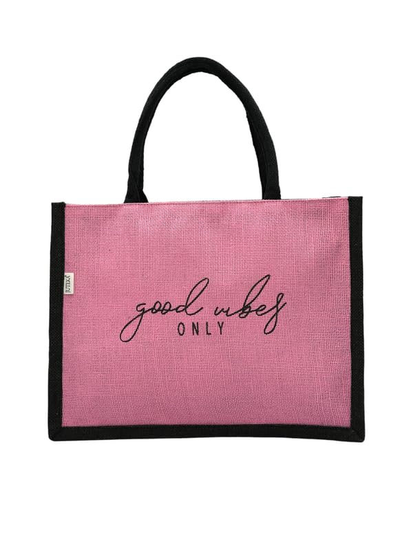 JUTEKA Unisex Quote Printed Jute Bag For Lunch, Office, Grocery, Picnic, Tiffin, Shopping Hand Bag With Padded Cotton Handles, Pink