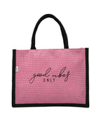 JUTEKA Unisex Quote Printed Jute Bag For Lunch, Office, Grocery, Picnic, Tiffin, Shopping Hand Bag With Padded Cotton Handles, Pink