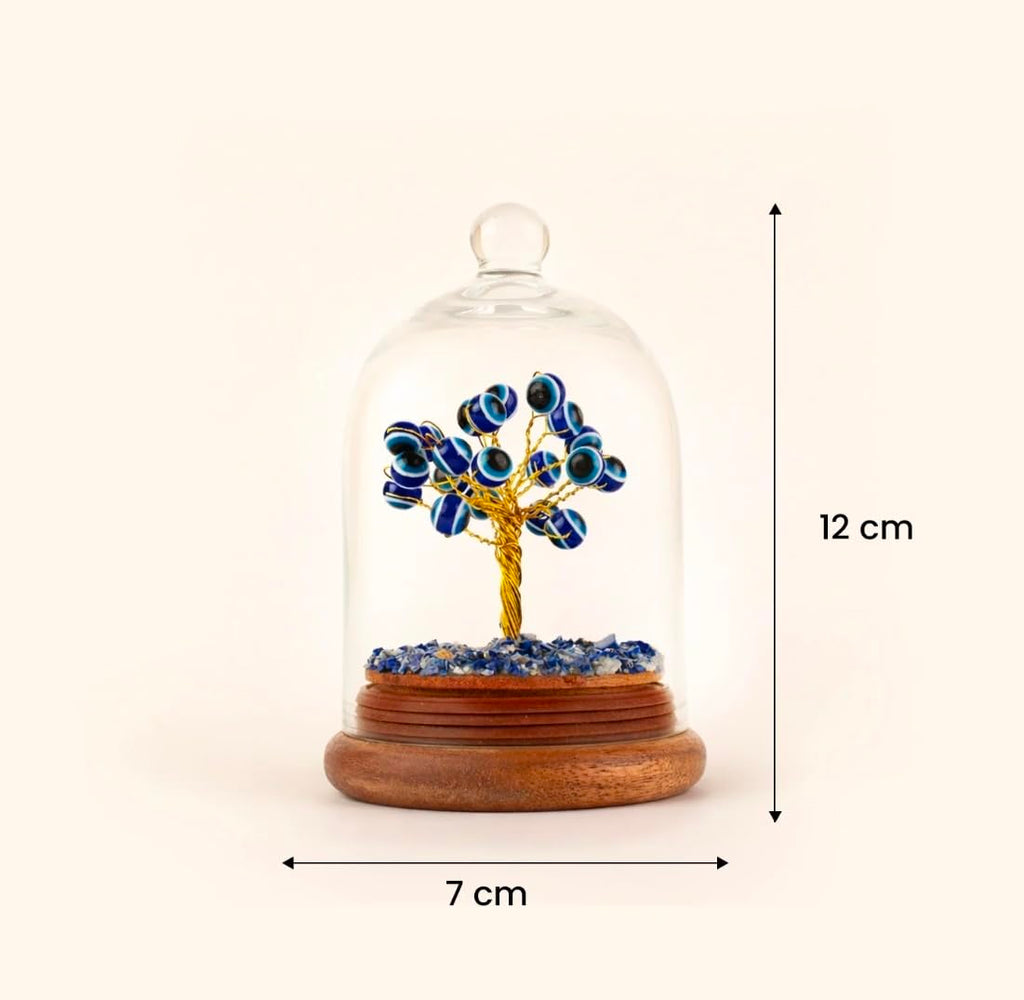 Rifai Crystal Evil Eye Glass Dome Tree | Handmade Crystal Bonsai Tree with Wooden Base | Decorative Tabletop Home Decor for Living Room Office Shelf