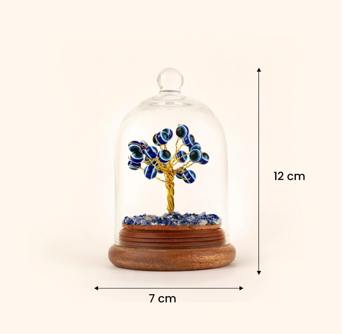 Rifai Crystal Evil Eye Glass Dome Tree | Handmade Crystal Bonsai Tree with Wooden Base | Decorative Tabletop Home Decor for Living Room Office Shelf