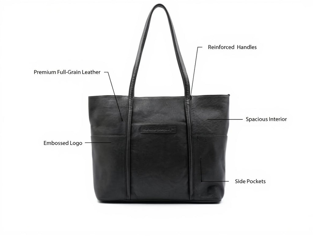 The Hide Company Women’s Genuine Leather Shopper Handbag | Oversized Black Tote Bag | Buff Calf Leather | Zip Closure | Double Handle