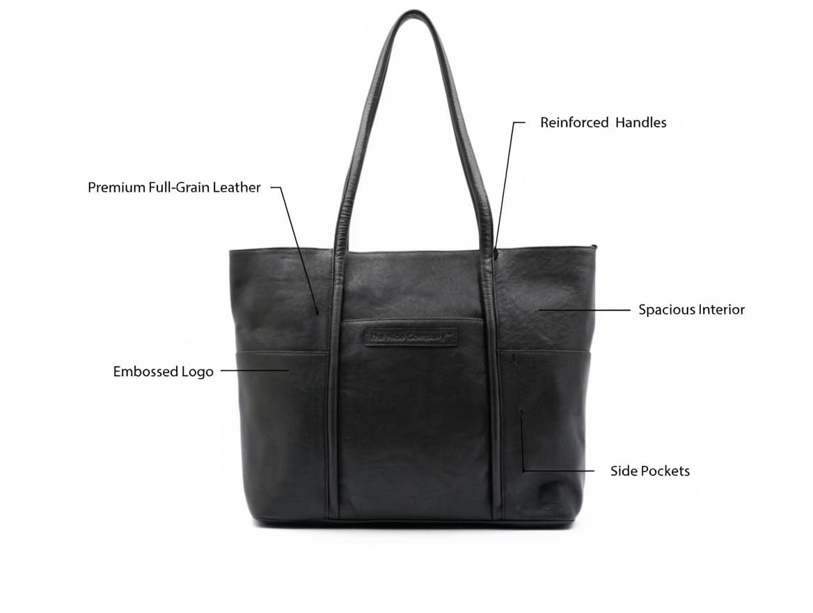 The Hide Company Women’s Genuine Leather Shopper Handbag | Oversized Black Tote Bag | Buff Calf Leather | Zip Closure | Double Handle