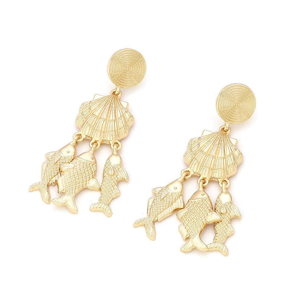 FTK® Conch Shell & Fish Pendant Earrings – Ocean-Inspired Metal Jewelry