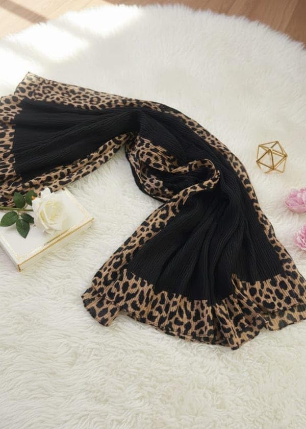 Women's Stole with Leopard Print Border, Black, Hijab Wrap Scarf Stole for women and Girls