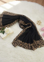 Women's Stole with Leopard Print Border, Black, Hijab Wrap Scarf Stole for women and Girls