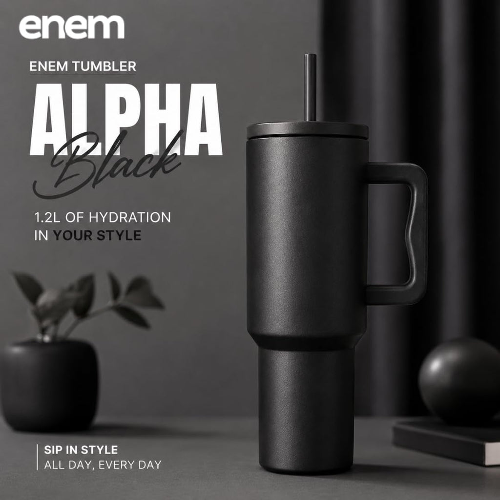 enem Tumbler, Alpha Black, Tumbler with Metal Straw, Sipper, with Lid Leak Proof, 1 Metal Ice Cube, 1 Copper Spring (Tamba), Base Protector, Mug Travel, 1.2L