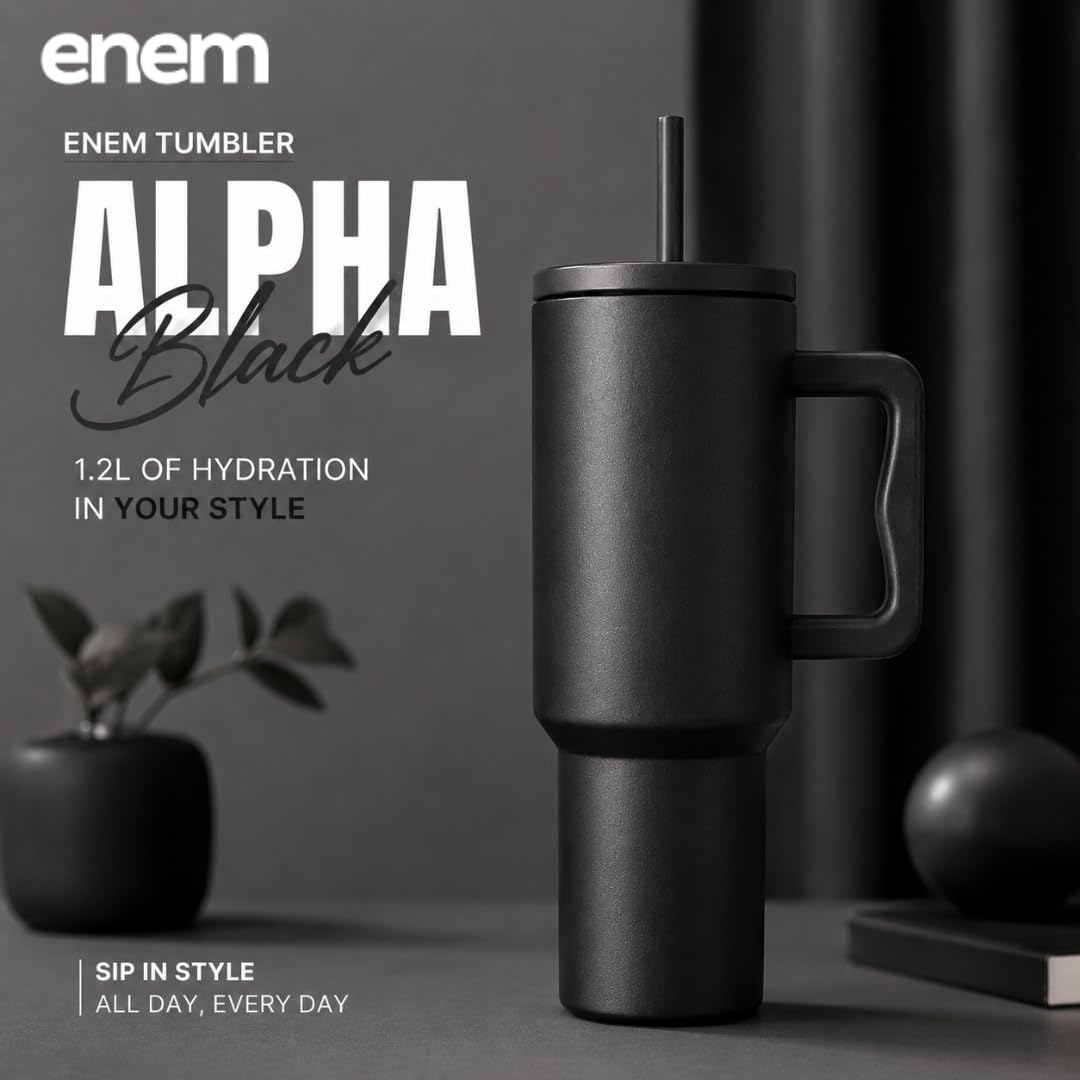 enem Tumbler, Alpha Black, Tumbler with Metal Straw, Sipper, with Lid Leak Proof, 1 Metal Ice Cube, 1 Copper Spring (Tamba), Base Protector, Mug Travel, 1.2L
