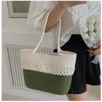 BEAUTIFUL HOMMIES Attractive Hand Bag |large Tote Bag |Summer Bag | Bucket Bag | Basket Bag | Bamboo Tote | Beach Bags for Women|Boho Bag|Handbag |Jute Bag |Handmade Bag (GREEN WHITE)