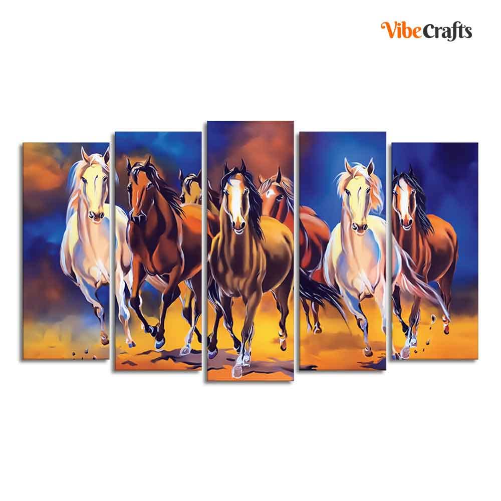 VIBECRAFTS Seven Horses Set of Five Pieces Premium Canvas Wall Painting For Home|Office|Living Room|Gift (PTVC5Pcs2_6544)