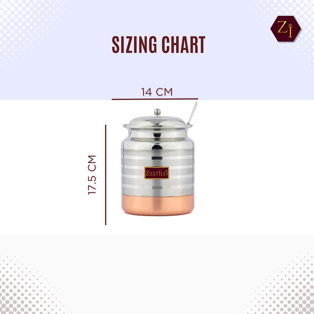 ZESTILO Stainless Steel Oil/Ghee Jar Ghee Container Oil Pot Ghee Container with Spoon Copper Bottom Finish (1500 ml)