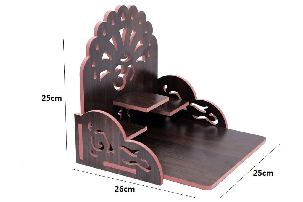 AVONIX Premium Traditional Wooden Pooja Mandir, Tabletop Pooja Mandir with Om Cutout & Three-Tier Platform | MDF Home Temple for Idols, Diya & Prayer Decor | Dark Wood Finish(Dark-Brown)