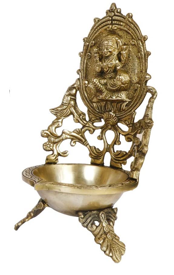 Svarup 11 Inch Gold Color Brass Laxmi Diya Oil Lamp: Ideal for Temple Aarti, Deepak Pooja, and Jyot Lighting