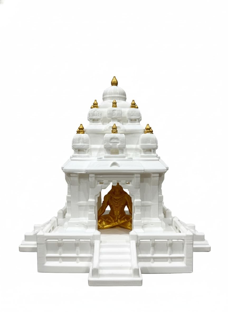 Temples for Home 3D Printed Mini Mandir with Shiva Idol | White & Gold Small Temple for Home & Office | South Indian Architecture Pooja Mandir for Decor & Gifting