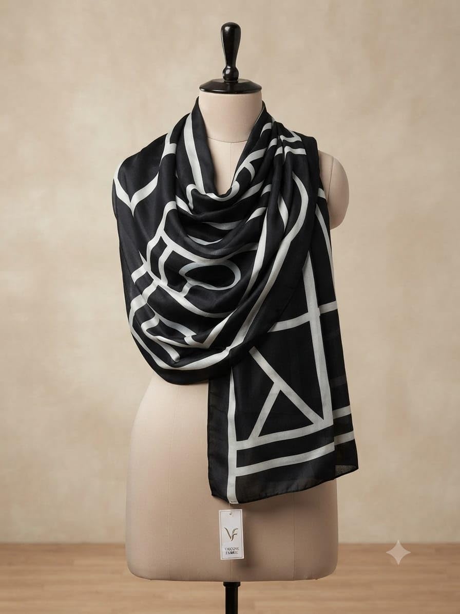 Women’s Black and White Geometory Pattern Print Border Scarf – Versatile Modest Hijab, Print Shawl/Stole for All Occasions