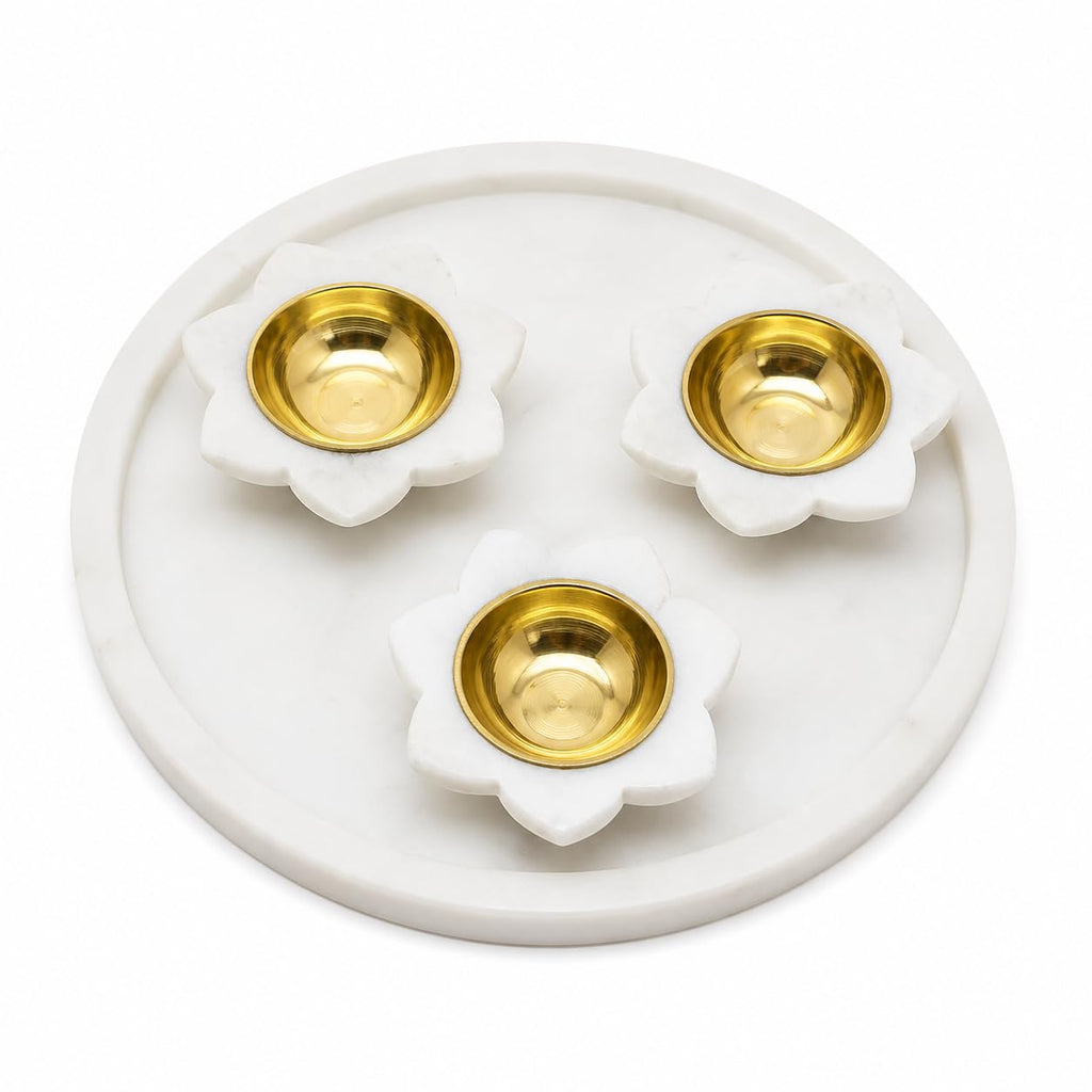 White Marble Tealight Candle Holders with Brass Interior, Set of 3 — Elegant Home & Festive Decor| Decor Items | Diya for Pooja, Decor and Special Occasion