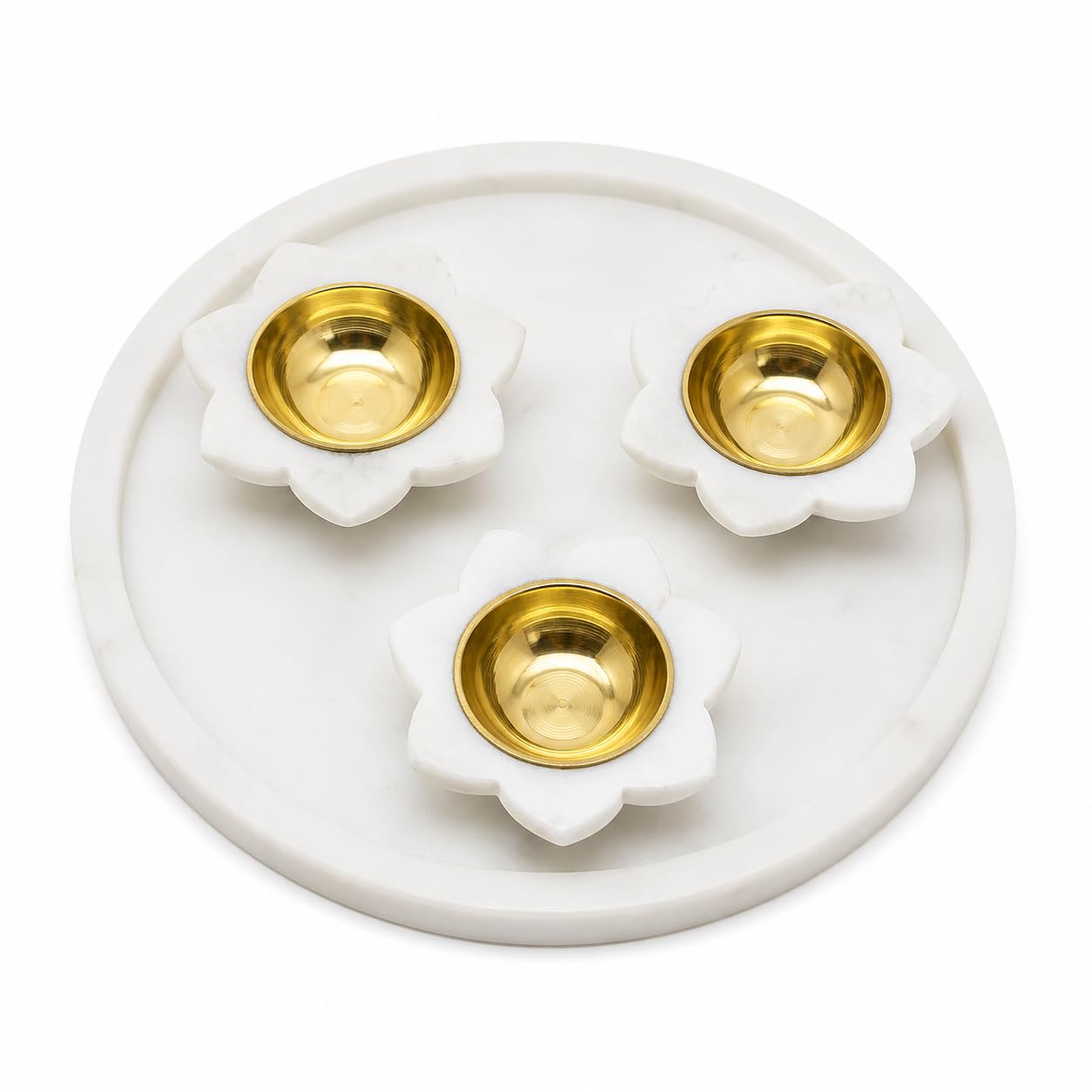 White Marble Tealight Candle Holders with Brass Interior, Set of 3 — Elegant Home & Festive Decor| Decor Items | Diya for Pooja, Decor and Special Occasion
