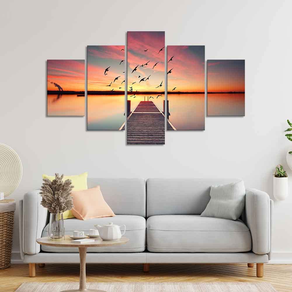 VIBECRAFTS Premium Beautiful Sunset Horizon Canvas wall Painting of Five Pieces For Home|Office|Living Room|Gift (PTVC5Pcs1_5543)
