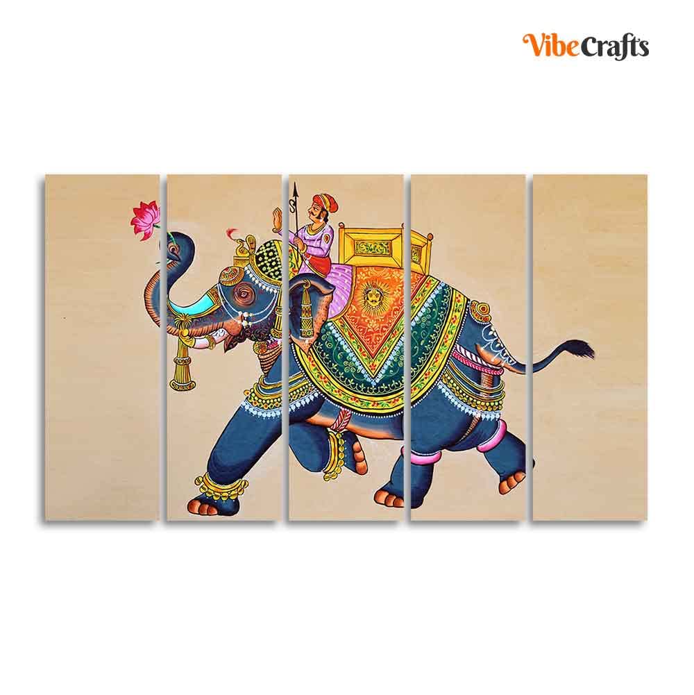 VIBECRAFTS Madhubani Art Elephant Premium Canvas Wall Painting Set of Five For Home|Office|Living Room|Gift (PTVC5Pcs4_8621)