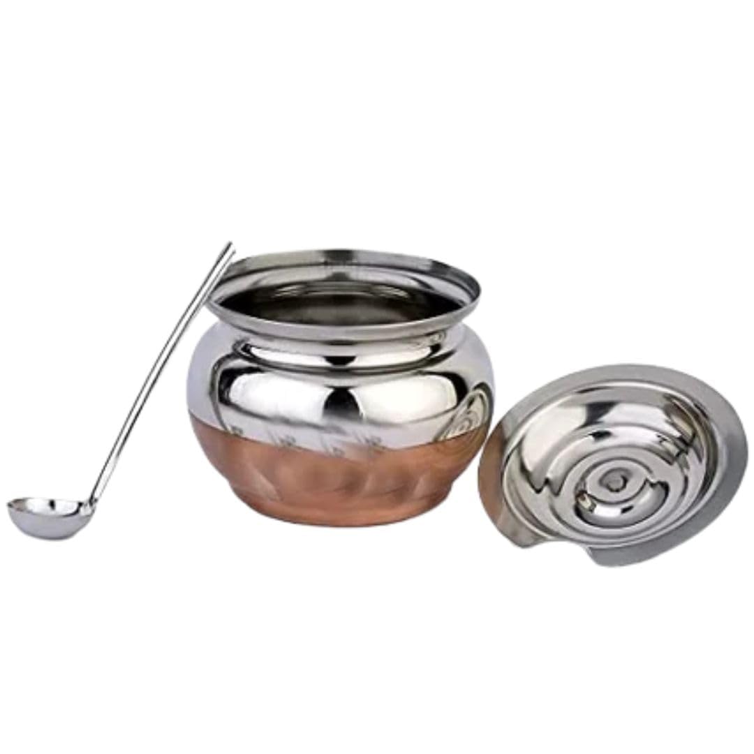 NIRON Multipurpose Stainless Steel Copper Bottom Ghee Pot 450ml | Ghee Container with Lid & Spoon | Traditional Ghee Dani for Butter Oil Storage | Mirror Finish Rust Resistant Kitchen Serving Pot