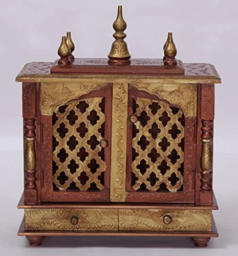 Jodhpur Handicrafts MDF Wood Home Temple Puja Mandir Home Temple Pooja Mandir with Door Pooja Room Stand (18 inch x 9 inch x 22 inch, Copper & Golden)