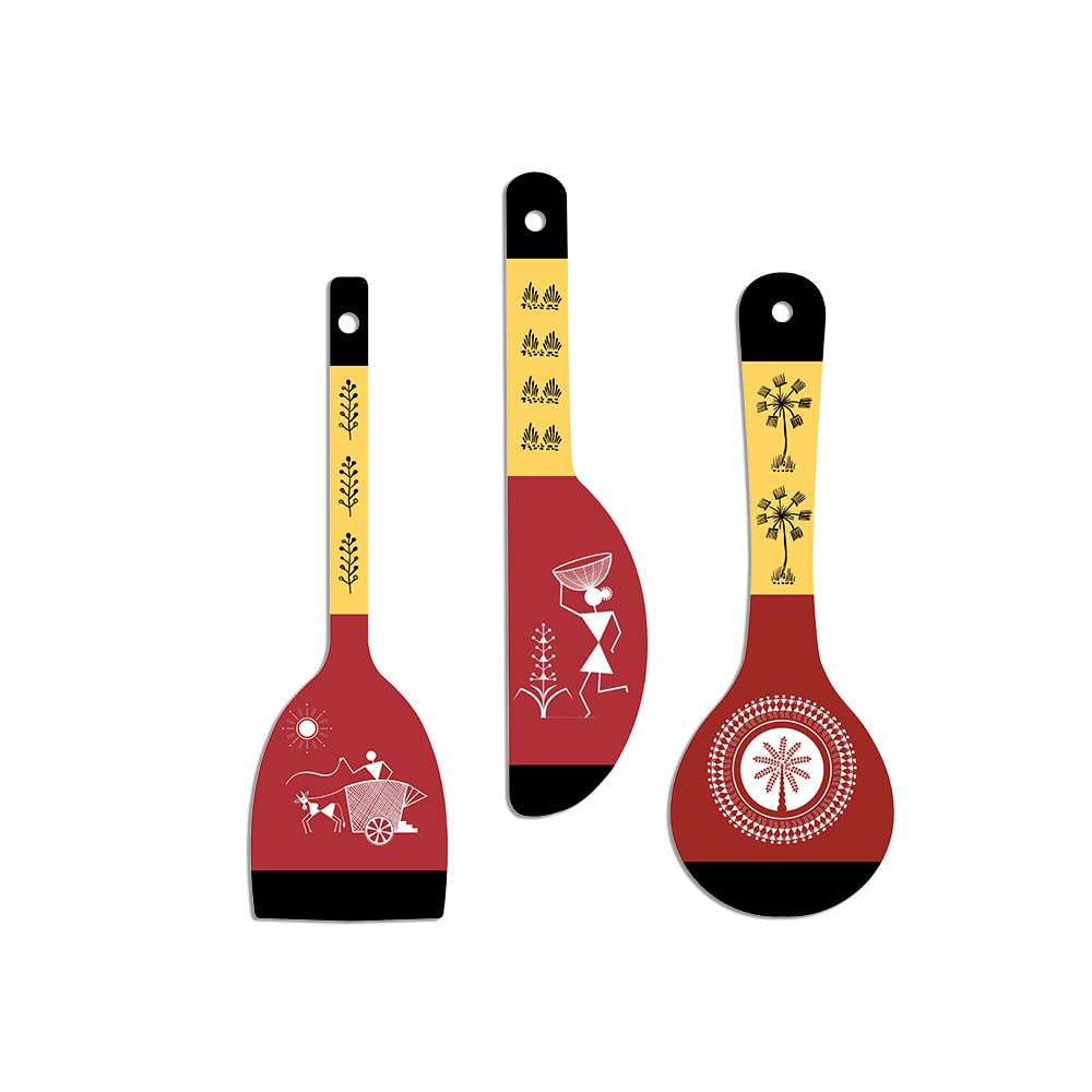 Artvibes Warli Art Wooden Wall Hanger for Home | Office | Living Room | Gift | Modern Decoration Items | Kitchen Wall Decor | Home Decor Hanging Items (WH_5016NN), Set of 3