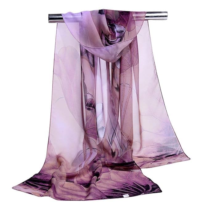Alexvyan Purple Floral Chiffon Summer Scarves 150 x 50 cm, Light Weightwith Stitched Border, Lightweight Fashion Scarf for Women Sun Protection Stole