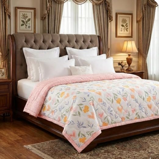 Cotton Reversible Summer Blanket, AC Comforter with Classic Printed Design, Cooling Quilt Dohar for Single Or Double Bed, Ideal for Gifting (Pink Flower Design, Double Bed) Kafalo