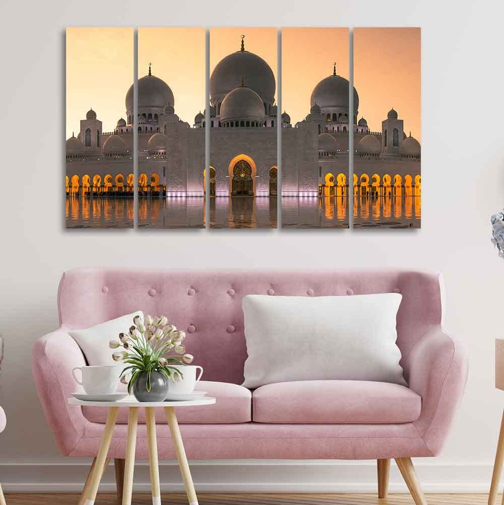 VIBECRAFTS Islamic Canvas Wall Painting of Sheikh Zayed Grand Mosque 5 Panels For Home|Office|Living Room|Gift (PTVC5Pcs4_8568)