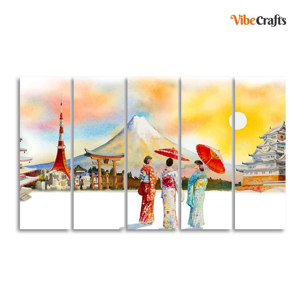 VIBECRAFTS Famous Places of Japan Canvas Wall Painting of Five Pieces For Home|Office|Living Room|Gift (PTVC5Pcs4_8666)