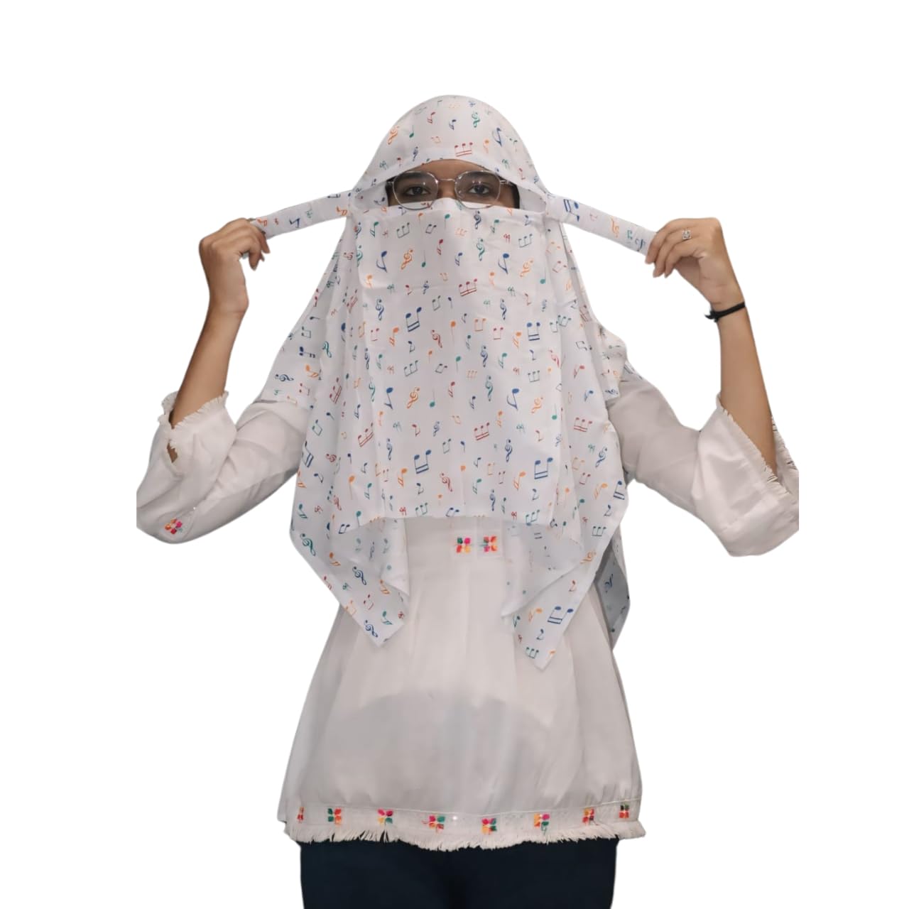 AARKRI SALES Cotton Long Scarf Cum Mask Scarves Usable for Vehicle Driver | White Printed Design | Universal Size | For Girl & Women | Sun Protection Light Weight (Music Short Scarf)
