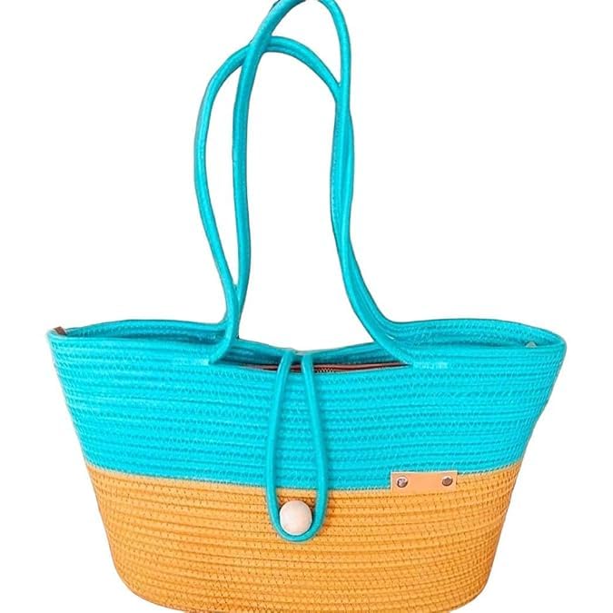 BEAUTIFUL HOMMIES Attractive Hand Bag |large Tote Bag |Summer Bag | Bucket Bag | Basket Bag | Bamboo Tote | Beach Bags for Women|Boho Bag|Handbag |Jute Bag |Handmade Bag (YELLOW CYAN STYLISH)