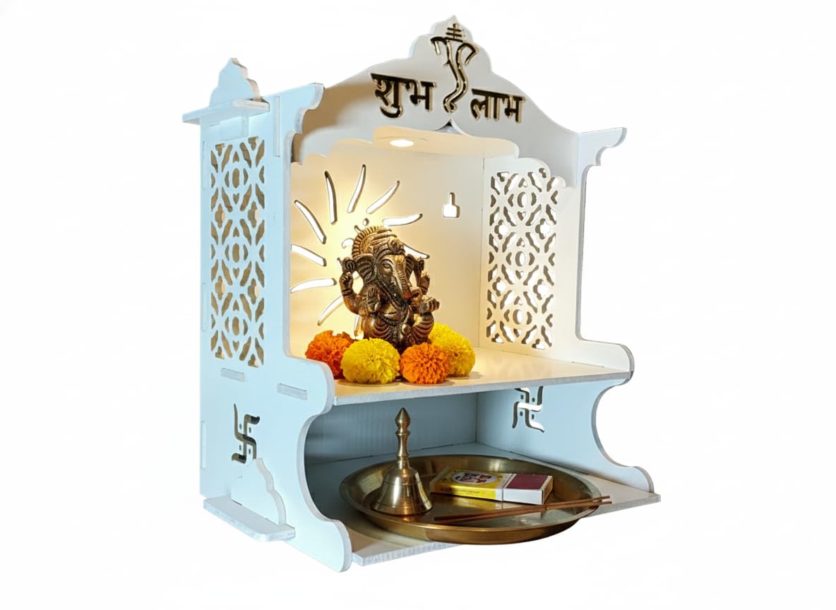 Mandir Temple for Home, Office and Shop,Size (H-15 inch, L-9.5 inch, W-13.5 inch) | Wall Hanging | Free Standing | 6mm Thick Double Laminated Board with spot Light and 5 feet Cable