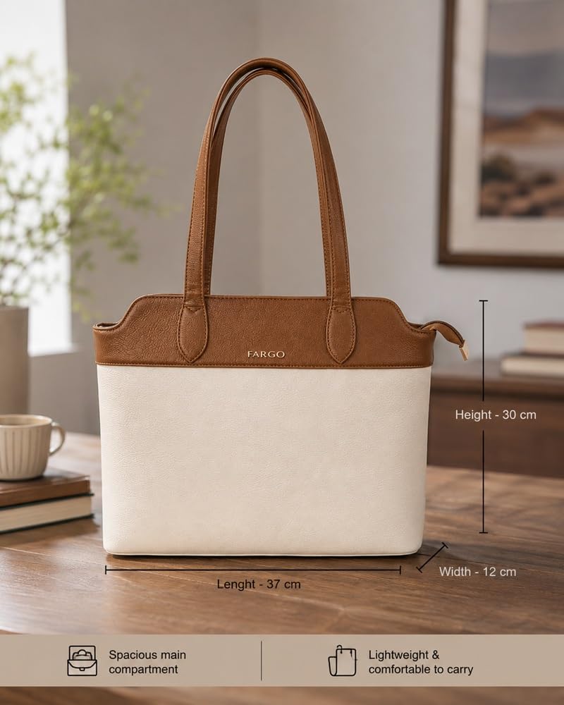 Fargo Aura Tote Bag for Women | Vegan Leather Handbag with 15-Inch Laptop Compartment, Smooth Zip | Stylish Office, College & Daily Use Tote | Made in India (Ivory)