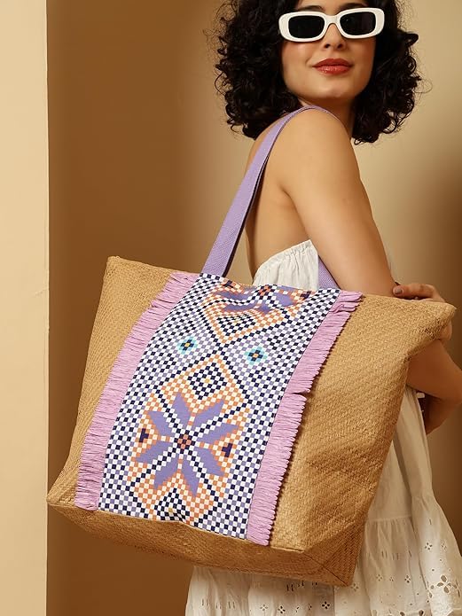 ASIAN Beach Tote Bag with Rope Handles For Women & Girls Beige with Pink Palm Print | Large Shoulder Bag, Stylish Designer Handbag, Lightweight, Perfect for Office Bag, College Bag & Shopping Use