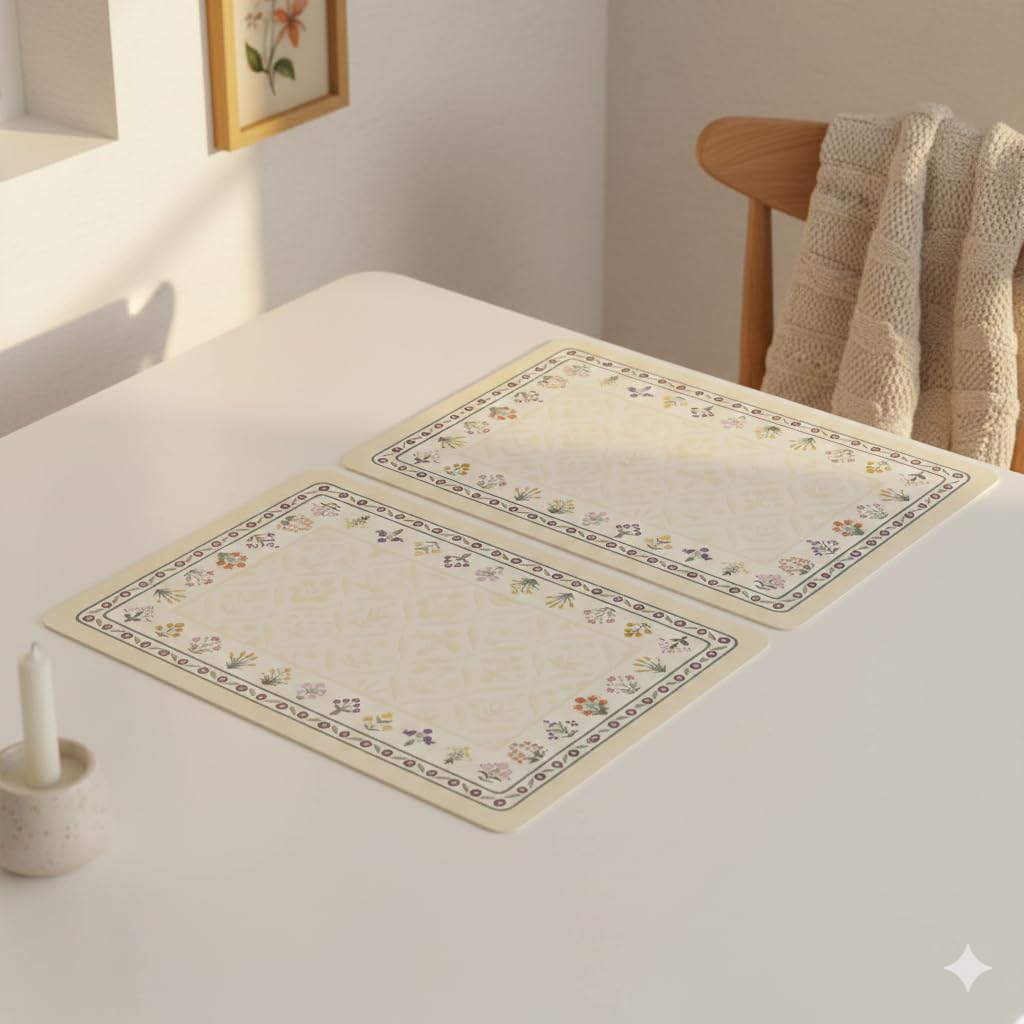 Upaado Leather Dining Table Placemat with Vintage Design - Pack of 2 | Heat Resistant, Waterproof, Non-Slip Table Mat for Kitchen Dining Table, PU Leather Mat for Table Protection (Cream Floral) Kafalo
