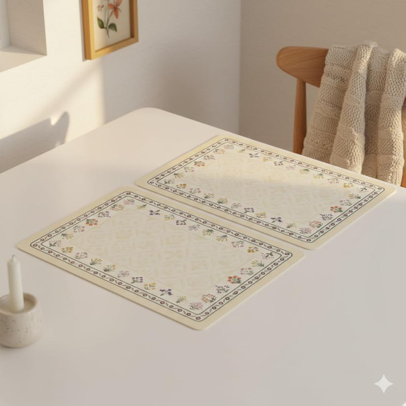 Upaado Leather Dining Table Placemat with Vintage Design - Pack of 2 | Heat Resistant, Waterproof, Non-Slip Table Mat for Kitchen Dining Table, PU Leather Mat for Table Protection (Cream Floral) Kafalo