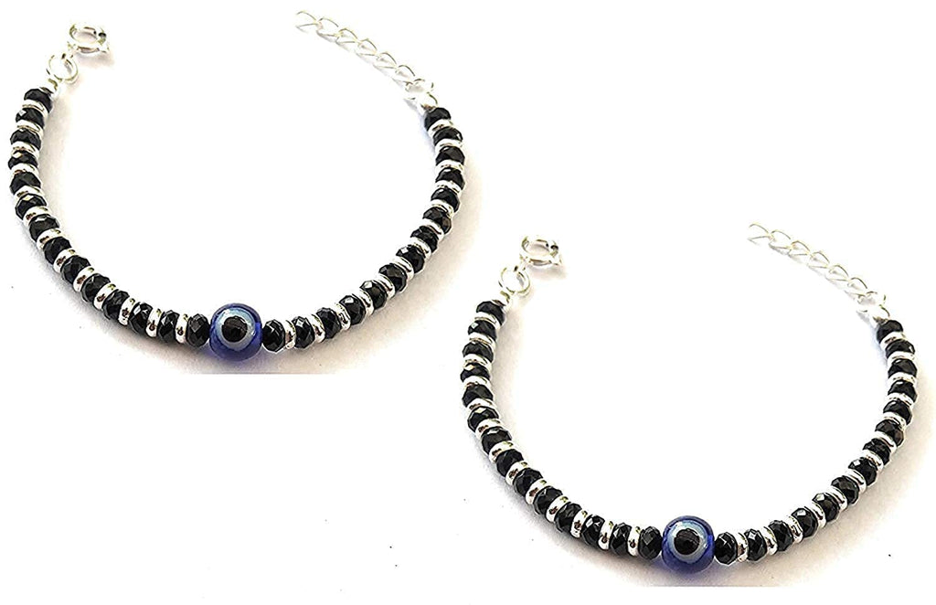 ARTIFICIAL TREE Exclusive German Silver Charm Evil Eye Nazariya Bracelet with Black & Silver Beads (Crystal) for Baby Boys & Girls| Adjustable Protection Bracelet for Newborns & Toddlers (AT KIDS 004)