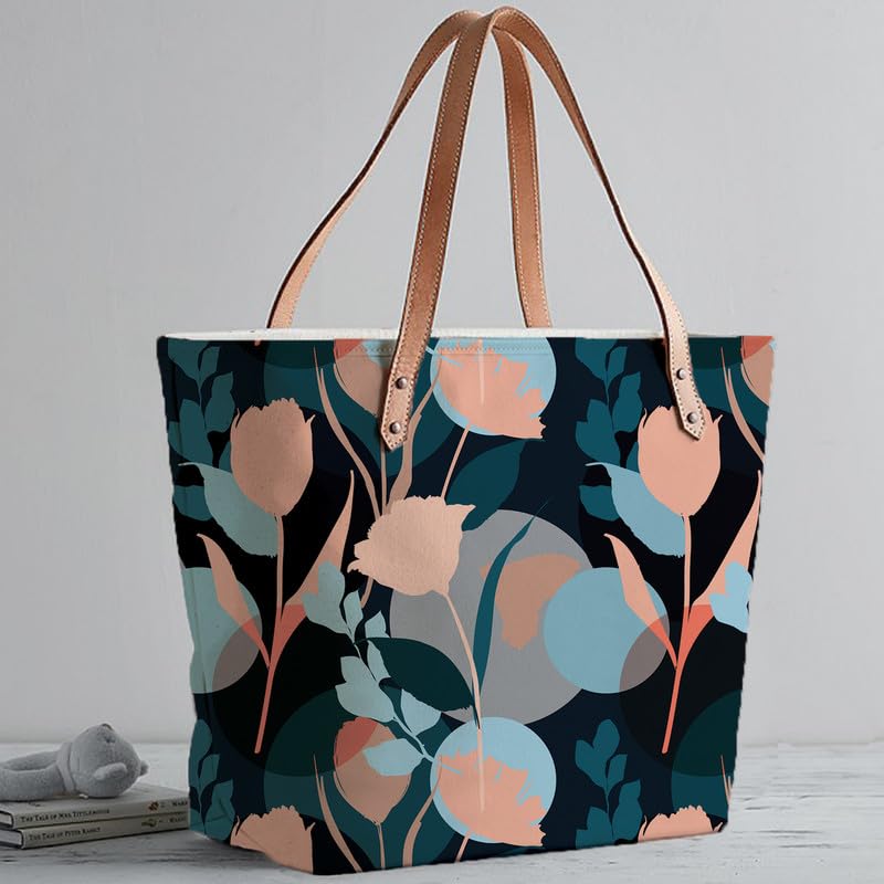The Purple Tree Womens Oversized - Floral Tote Bag For Travel & Daily Use, College Bag, Gifts - Large Capacity Handbag - Contemporary, Black