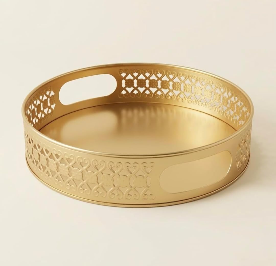 Premium Round Gold Metal Decorative Tray (8-Inch) – Handcrafted Cutwork Serving Platter for Home Decor, Coffee Table, Ottoman, Vanity, and Gifting – Antique Gold Finish