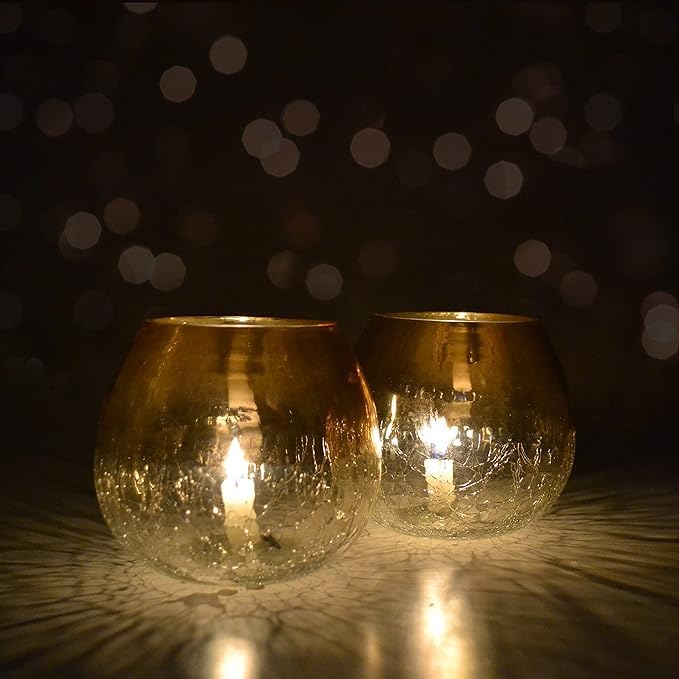 Gold Crackle Glass Tea Light Holder | Candle Diffuser | Tea Light Candle Holder | Ideal for Living Room, Bedroom, Dining Area Decor | Romantic Ambience | Perfect for Celebrations (2)